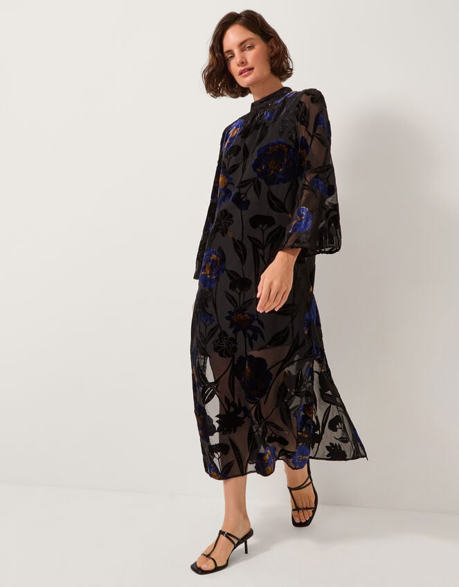 Giselle Sheer Floral Devor&eacute; Midi Dress, Blue (MIDNIGHT), large