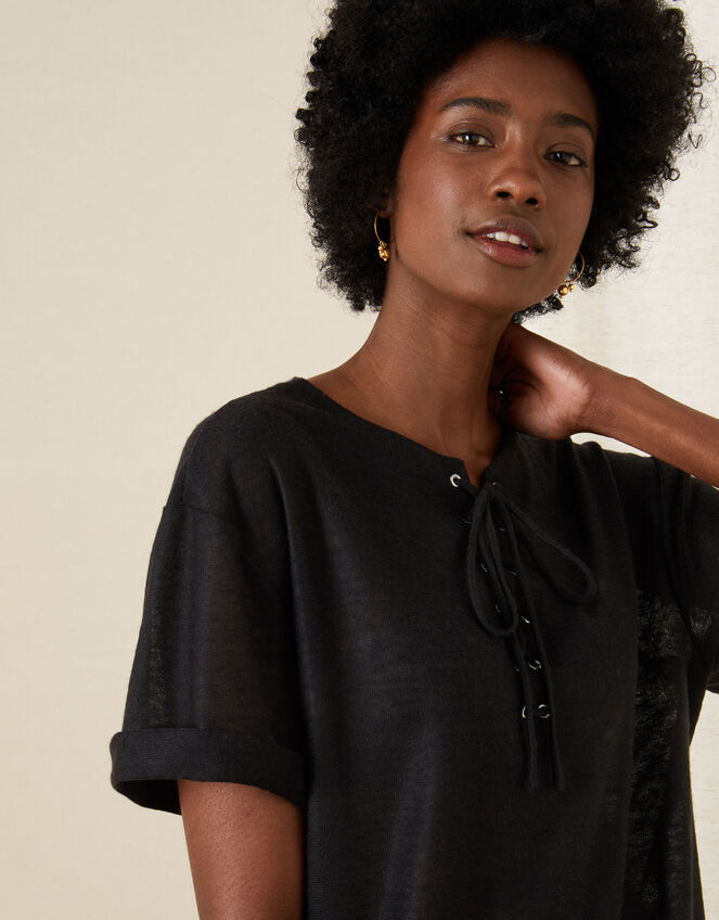 Lace-Up Neck T-Shirt, Black (BLACK), large
