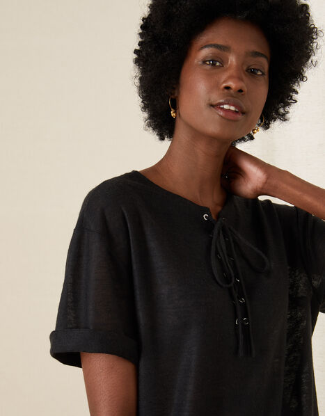 Lace-Up Neck T-Shirt Black, Black (BLACK), large