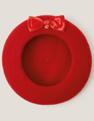 Bow Charm Wool Beret, Red (RED), large