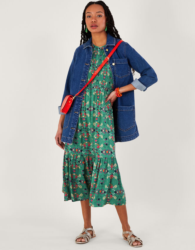 Floral Printed ¾ Sleeve Shirred Dress in LENZING™ ECOVERO™, Green (GREEN), large