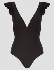 Kaylie Plunge Ruffle Swimsuit, Black (BLACK), large