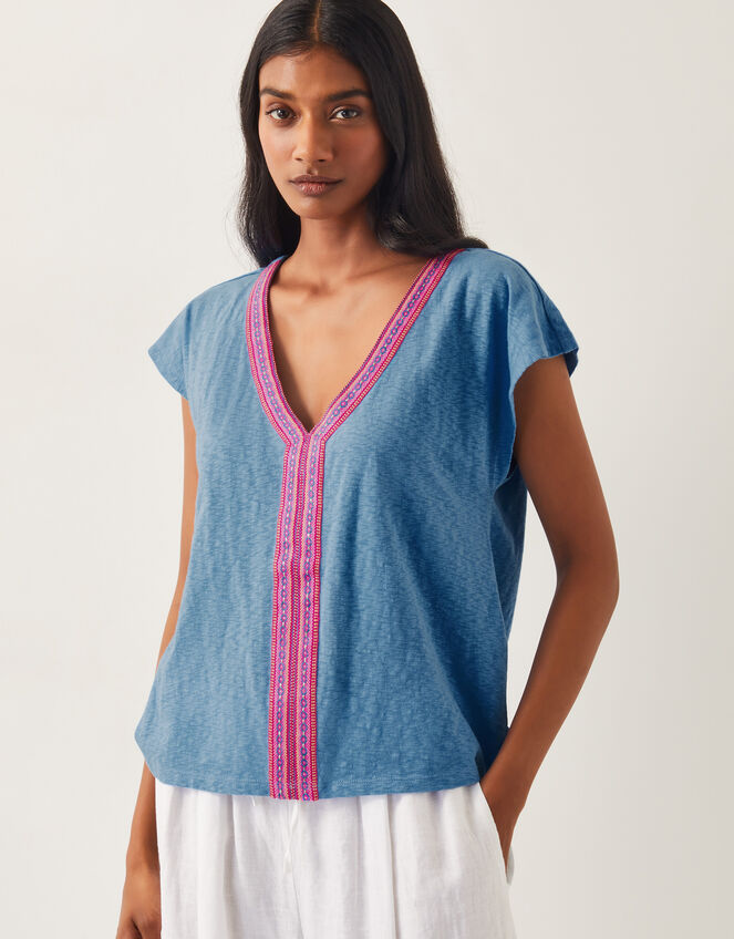 Elena Embroidered V-Neck Jersey T-Shirt, Blue (BLUE), large