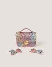 Rainbow Glitter Satchel Bag & Hair Clips Set, , large