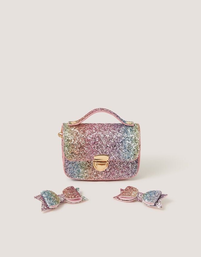 Rainbow Glitter Satchel Bag & Hair Clips Set, , large