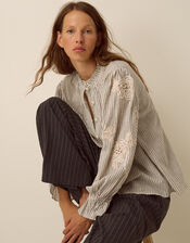 Iris Cornelli Embroidered Stripe Shirt, Ivory (IVORY), large
