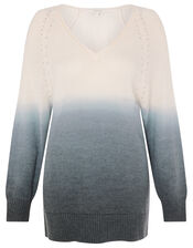 V-Neck Dip-Dye Knit Jumper, Grey (GREY), large
