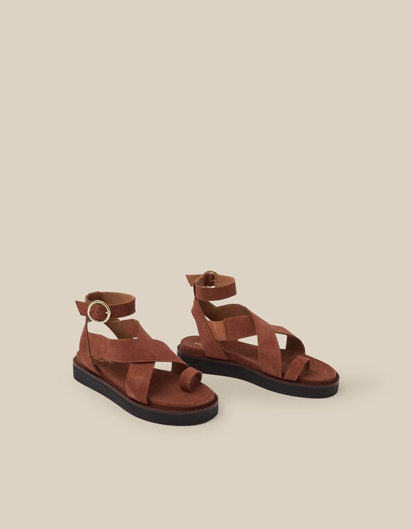 Ivy Toe Strap Crossover Suede Sandals, Tan (TAN), large