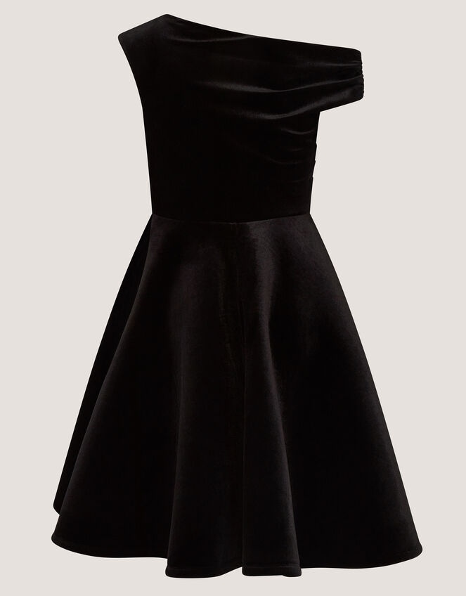 One-Shoulder Velvet Skater Dress, Black (BLACK), large