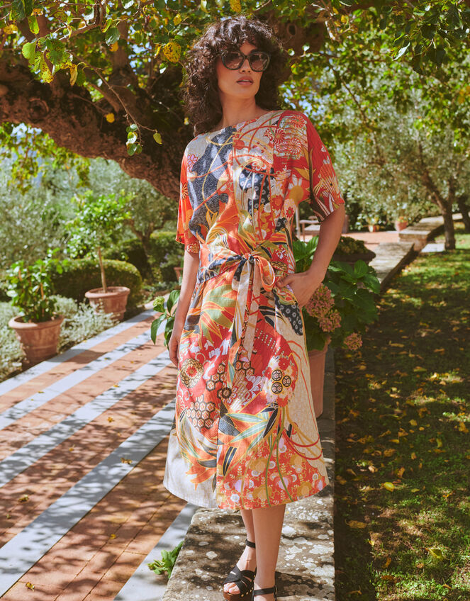 One Hundred Stars Obi Fan Print Midi Dress, Red (RED), large