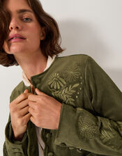 Ari Embroidered Faux Suede Jacket, Green (KHAKI), large