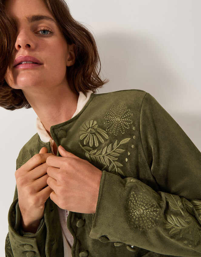 Ari Embroidered Faux Suede Jacket, Green (KHAKI), large