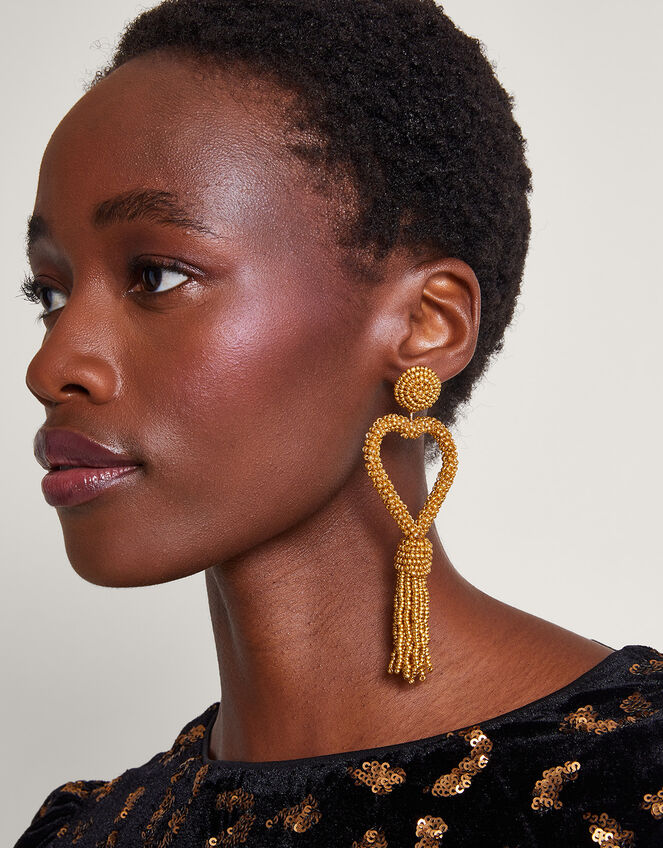 Beaded Heart Tassel Earrings, Gold (GOLD), large