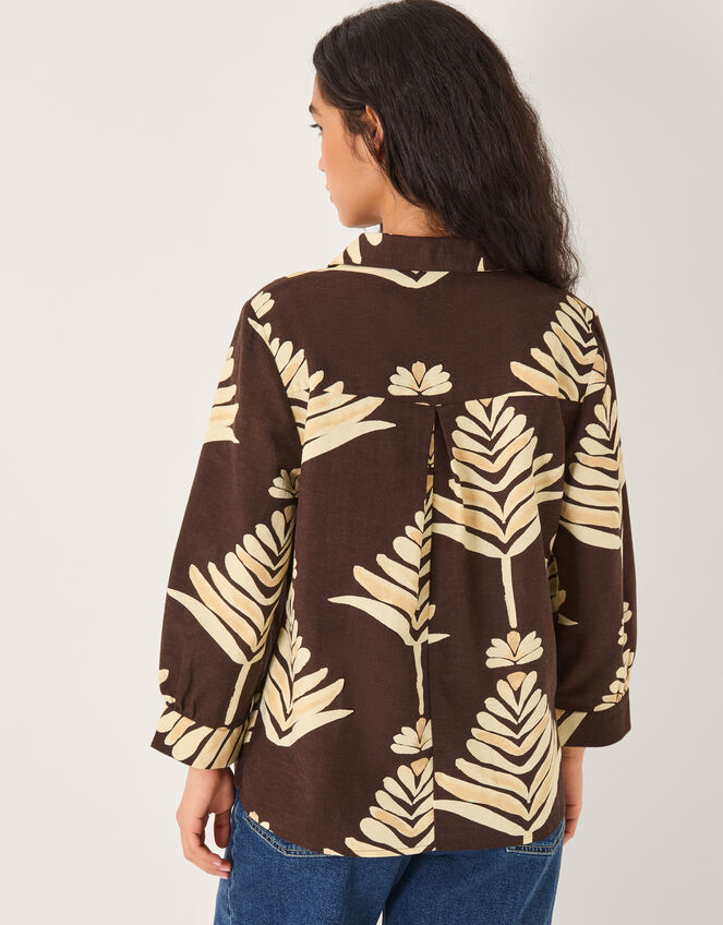 Pamela Linen Blend Leaf Print Top Brown