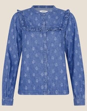 Laser Print Denim Shirt in Sustainable Cotton, Blue (BLUE), large