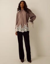 Selene Ruffle High Neck Lace Blouse, Mink (MINK), large