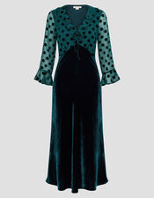 Dora Polka Dot Velvet Midi Dress, Teal (TEAL), large