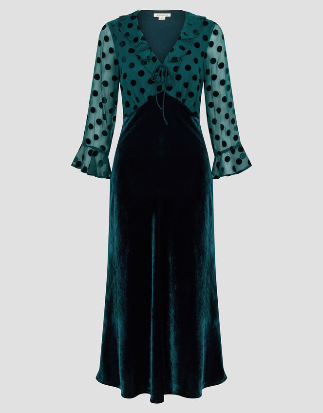 Dora Polka Dot Velvet Midi Dress, Teal (TEAL), large