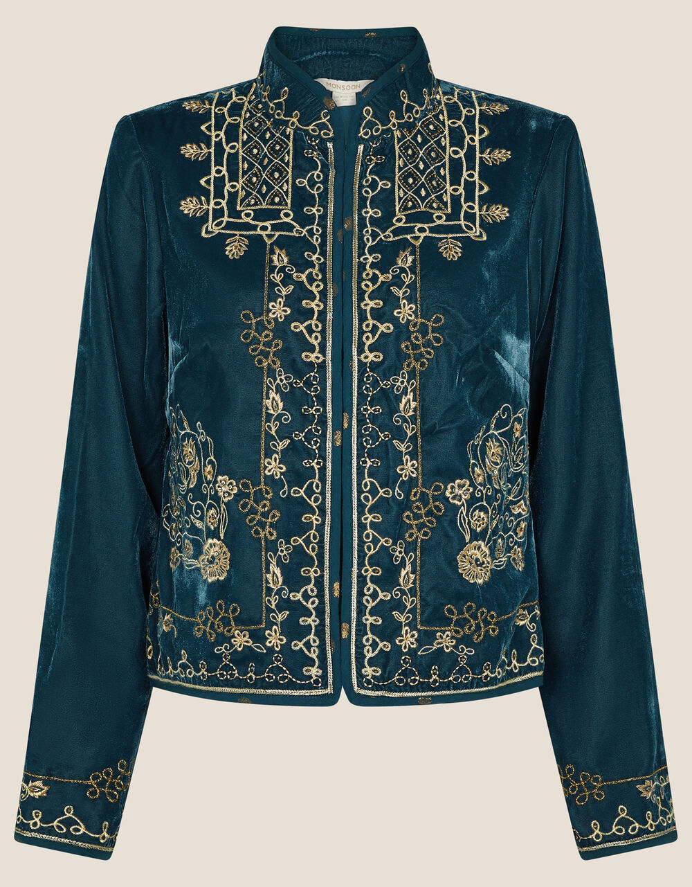 Embroidered Velvet Jacket Teal Women's Jackets Monsoon UK.