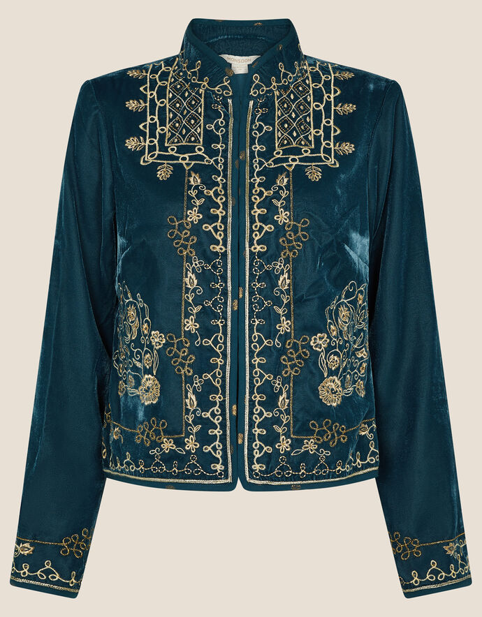 Embroidered Velvet Jacket Teal | Women's Jackets | Monsoon UK.
