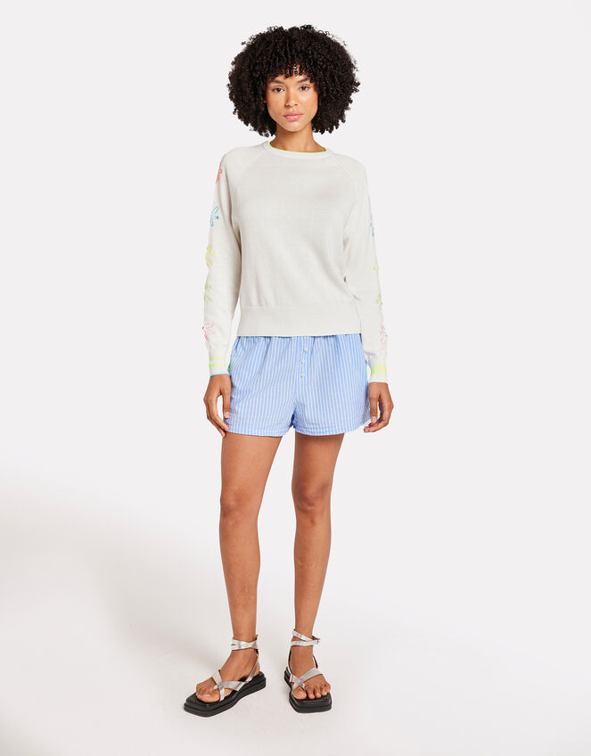 Wispr Floral Embroidery Crew Neck Jumper, White (WHITE), large