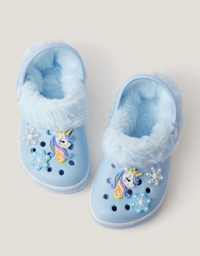 Ice Unicorn Charm Faux Fur Lined Clogs, Blue (BLUE), large