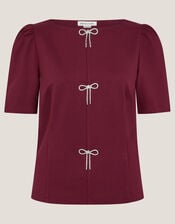 Brooke Diamanté Bow Ponte Top, Red (BURGUNDY), large