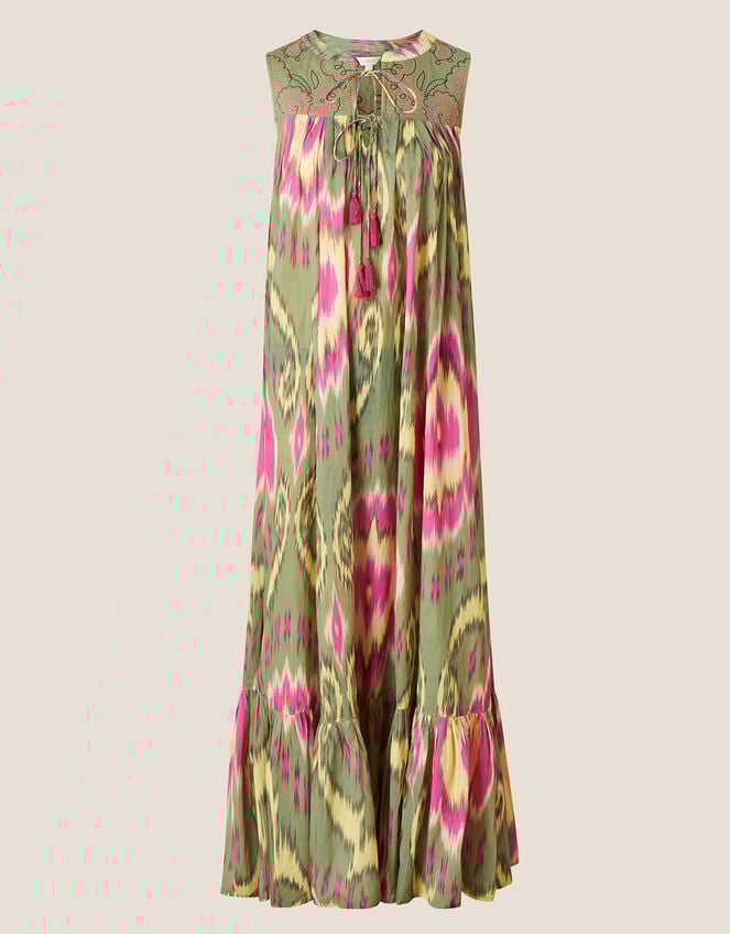Premium Diamond Ikat Print Smock Dress, Green (GREEN), large