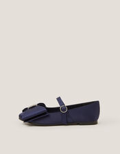 Bow Satin Ballet Flats, Blue (NAVY), large