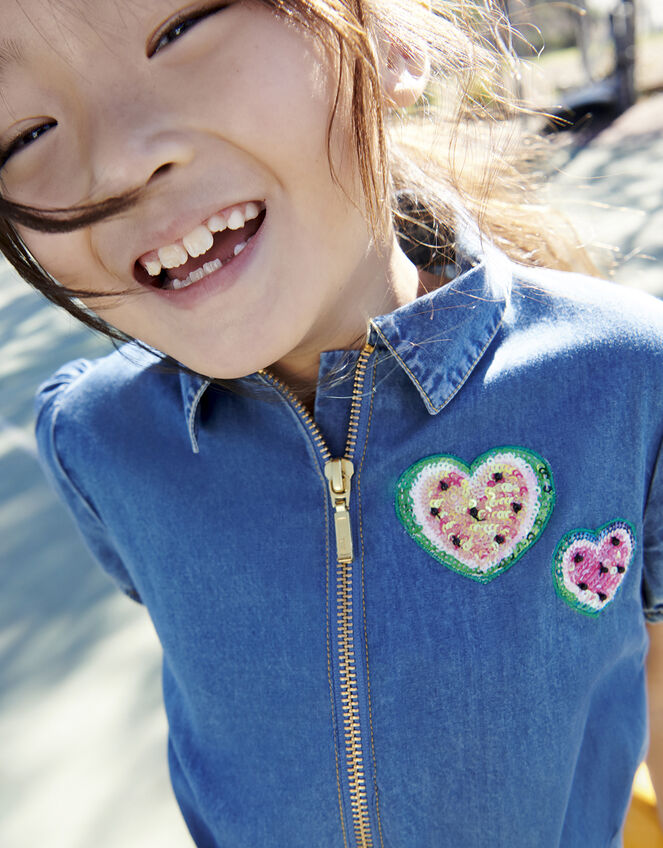 Watermelon Badge Denim Zip Front Playsuit, Blue (BLUE), large