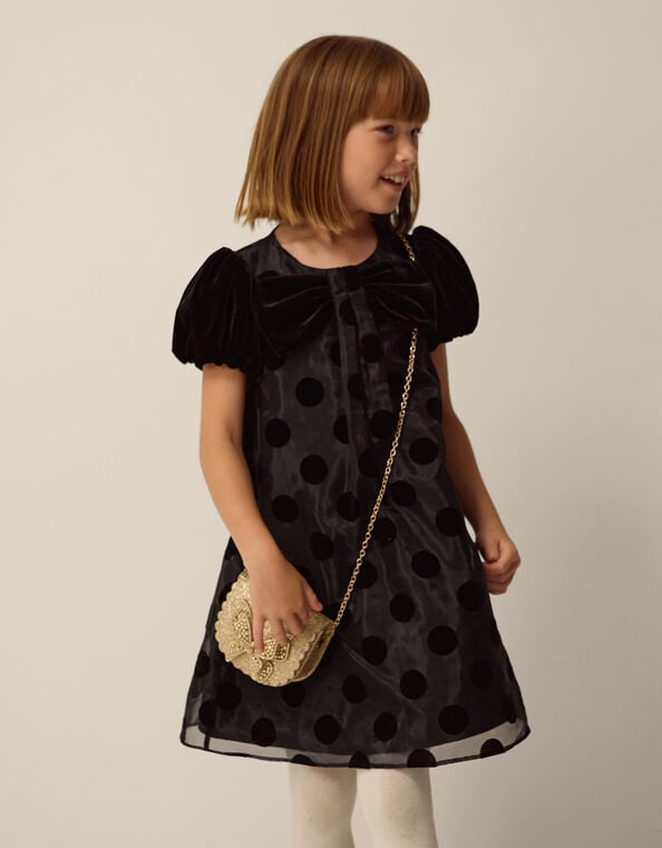 Flossie Puff Sleeve Polka Dot Party Dress, Black (BLACK), large