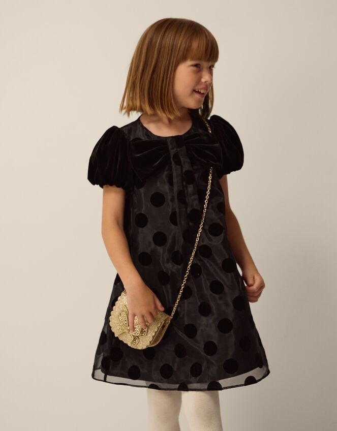 Flossie Puff Sleeve Polka Dot Party Dress, Black (BLACK), large