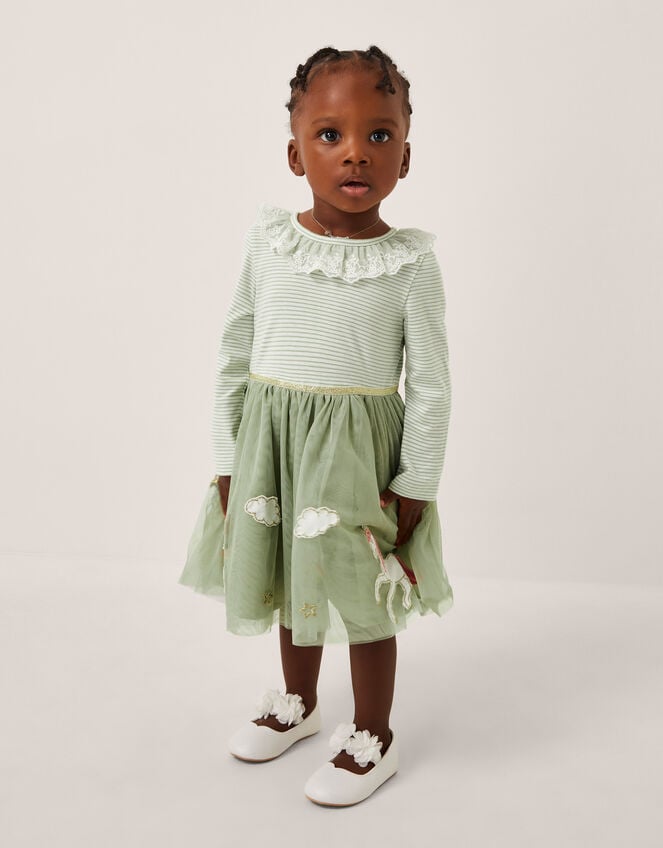 Baby Stripe Unicorn Tulle Dress, Ivory (IVORY), large