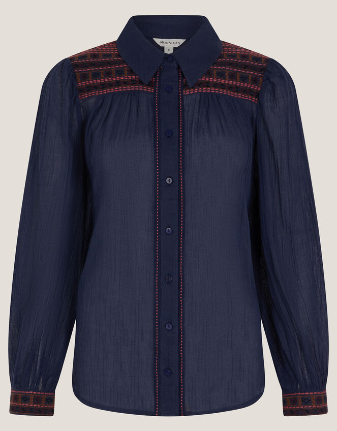 Felicity Embroidered Cotton Shirt, Blue (NAVY), large