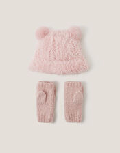 Fluffy Teddy Hat & Mitten Set, Pink (PINK), large