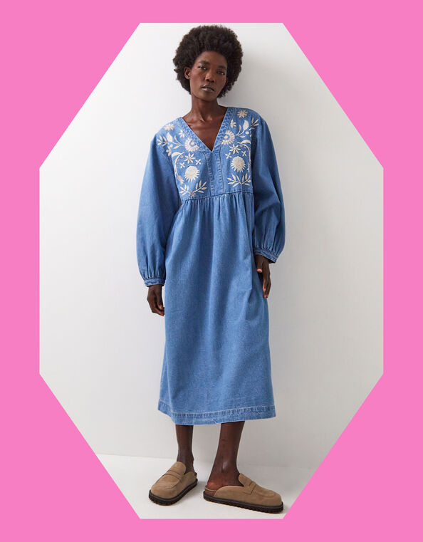 East Floral Embroidered Denim Midi Dress, Blue (BLUE), large