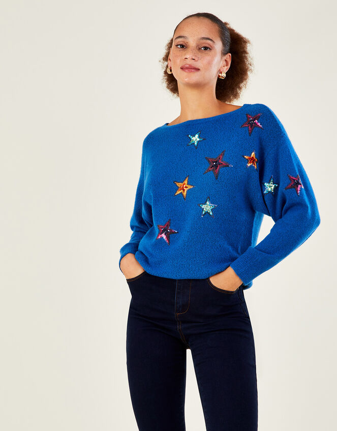 Bright Sequin Star Jumper with Recycled Polyester Blue