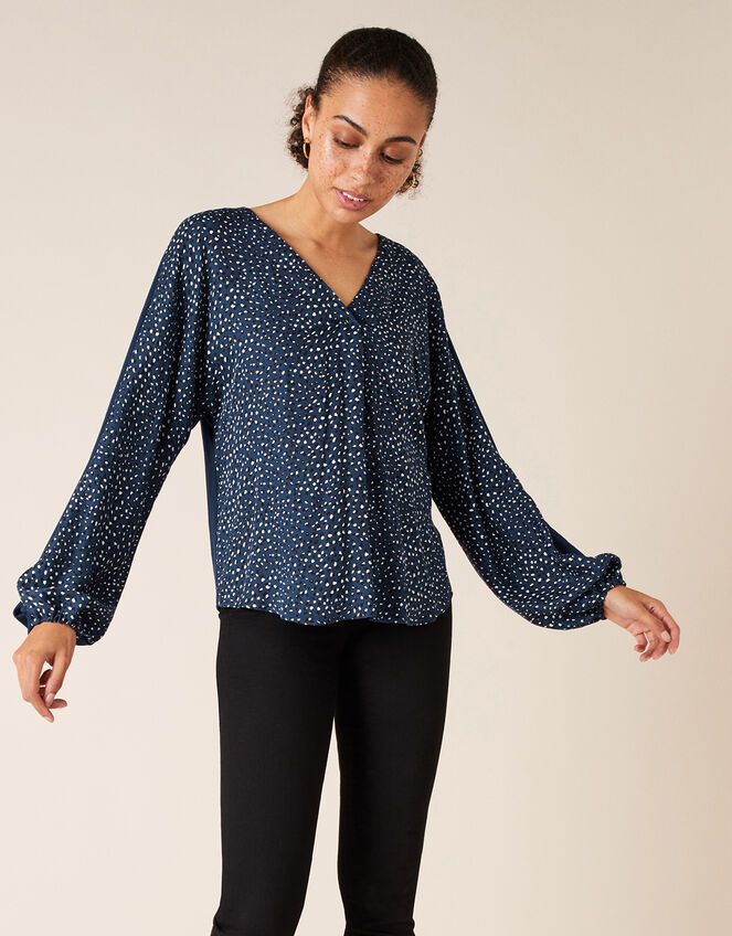 Ditsy Print Woven Front Jersey Top, Blue (NAVY), large