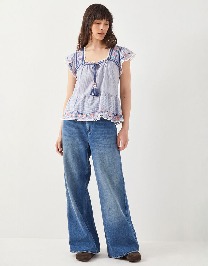 East Teleri Embroidered Stripe Top, Blue (BLUE), large