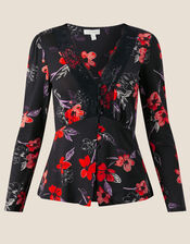 Floral Print Lace Trim Jersey Top, Black (BLACK), large