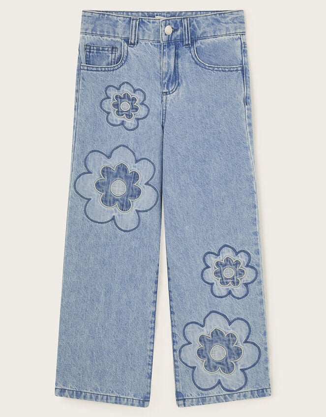 Embroidered Flower Denim Jeans, Blue (BLUE), large