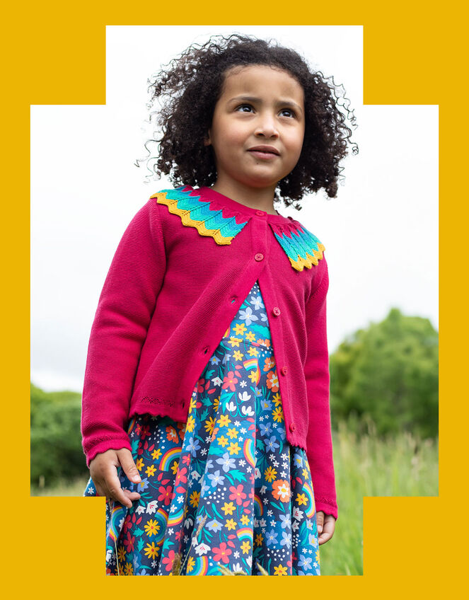 Frugi Scallop Collar Knit Cardigan, Pink (PINK), large