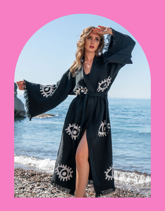 Meraki Beach Woodblock Print Kimono, , large