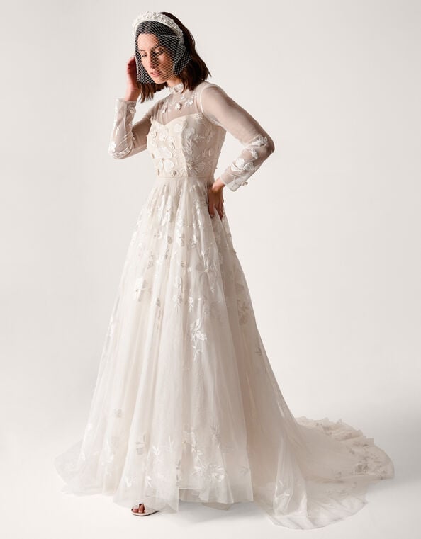 Lorelai Long Sleeve Floral Embellished Mesh Wedding Dress, Ivory (IVORY), large
