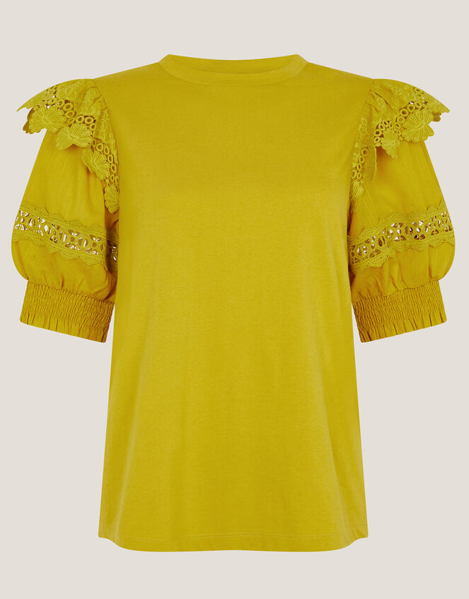 Fay Broderie Puff Sleeve Jersey Top, Yellow (YELLOW), large