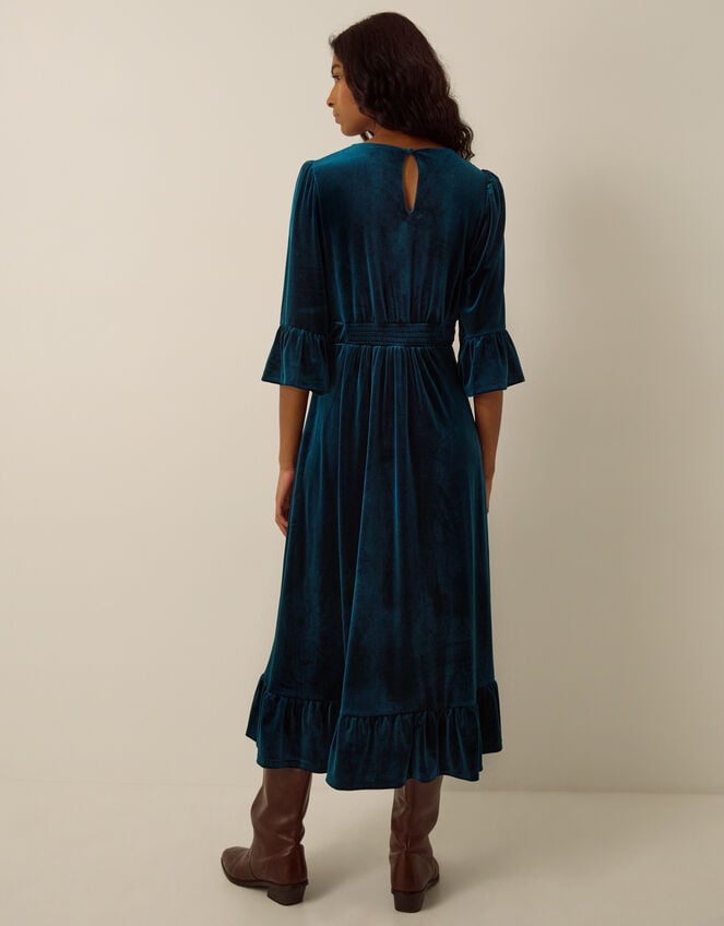 Valda Frill Velvet Jersey Midi Dress, Teal (TEAL), large