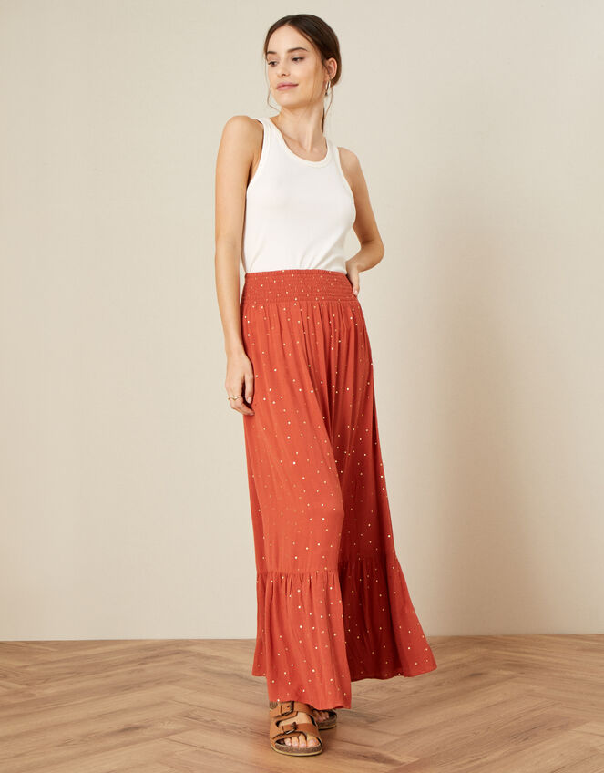 Foil Print Tiered Maxi Skirt in LENZING™ ECOVERO™ , Orange (ORANGE), large