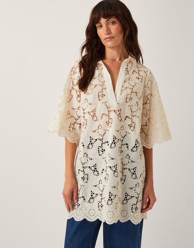 Selena Floral Lace Longline Tunic Top, Ivory (IVORY), large