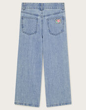 Embroidered Flower Denim Jeans, Blue (BLUE), large