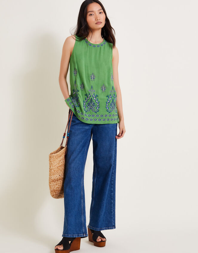 Saffron Embroidered Tank Top, Green (GREEN), large